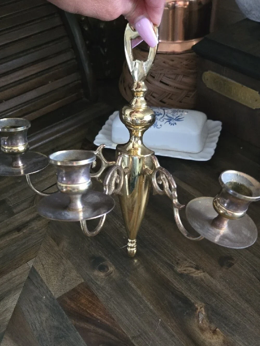 Vintage EB Baldwin Solid Brass 3-Arm Candle Wall Sconce Colonial MCM